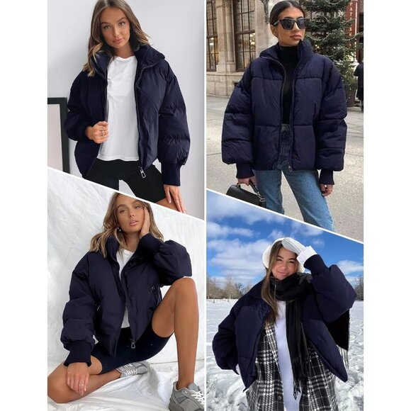 Women’s Navy Winter Cropped Puffer Jacket Coat Short Warm Quilted Jacket - Picture 7 of 7